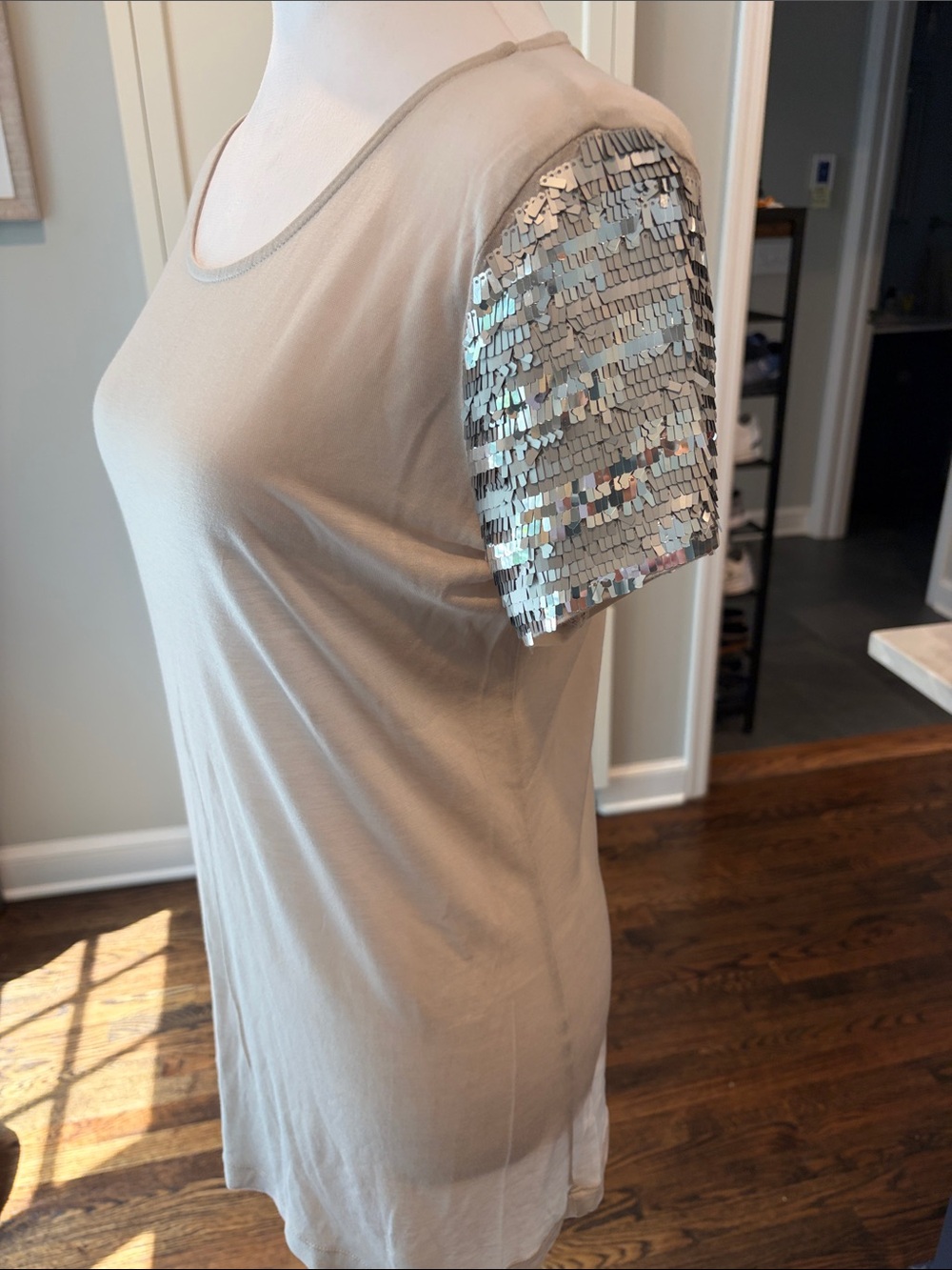 Armani A/X silver sequin short sleeve tee light putty color, size M